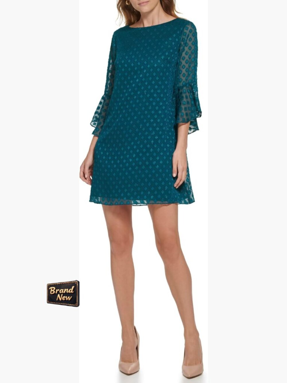 3/4 Sleeve Boat Neck Textured Chiffon Shift Mini Dress